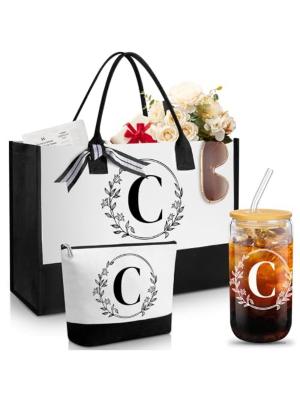 3-Piece Canvas Tote Bag Set with Makeup Bag & 16oz Glass Coffee Cup